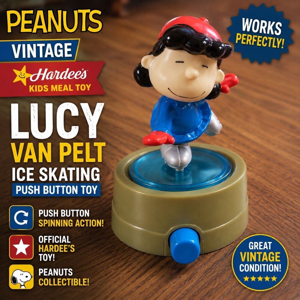 Vintage Hardee's Peanuts Lucy Van Pelt Ice Skating Push Button Kid Meal Toy Work